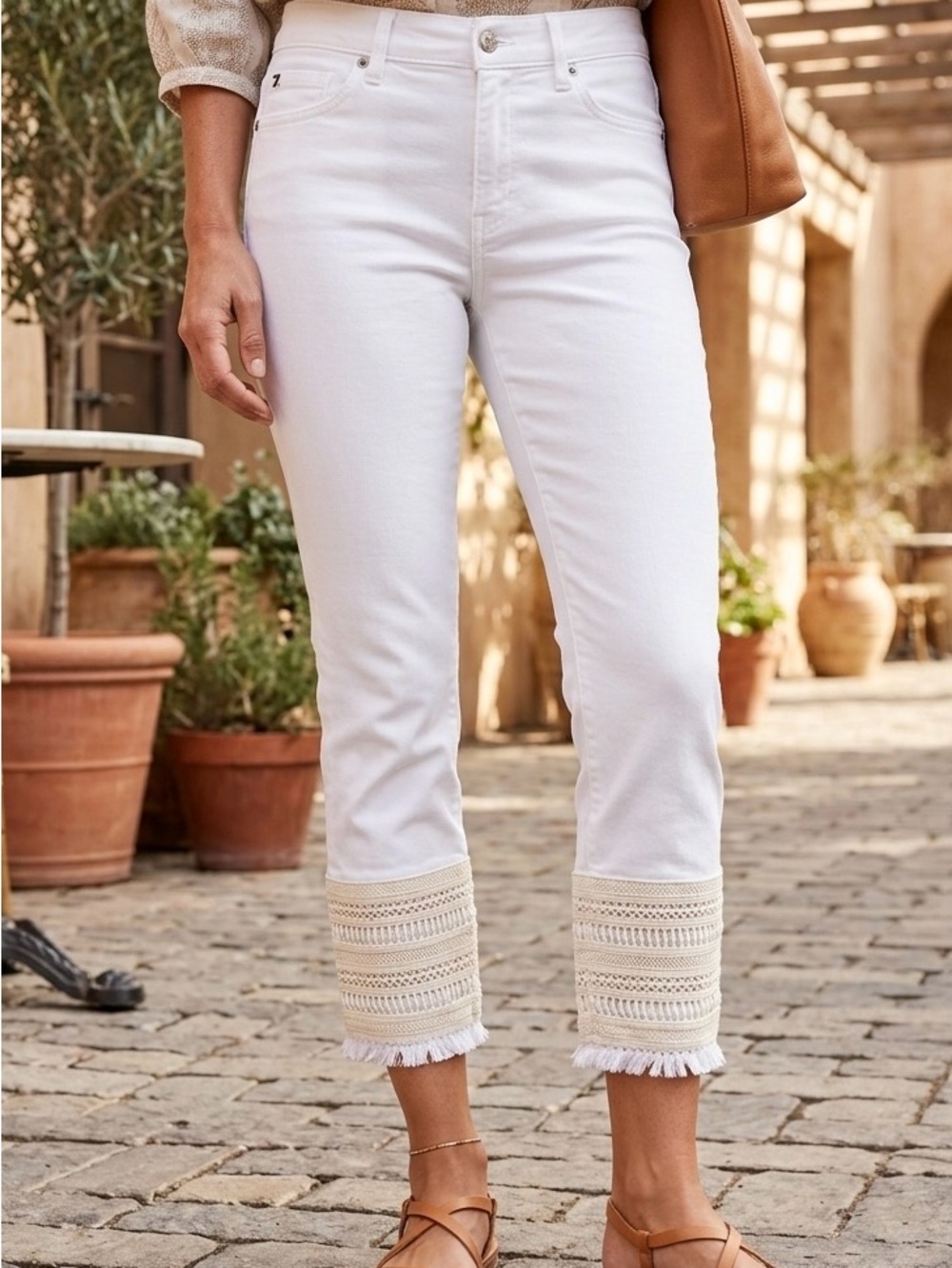 7 For All Mankind White Cropped Jeans with Lace Crochet Eyelet Hem